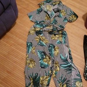 Monstera leaf stripes two piece set